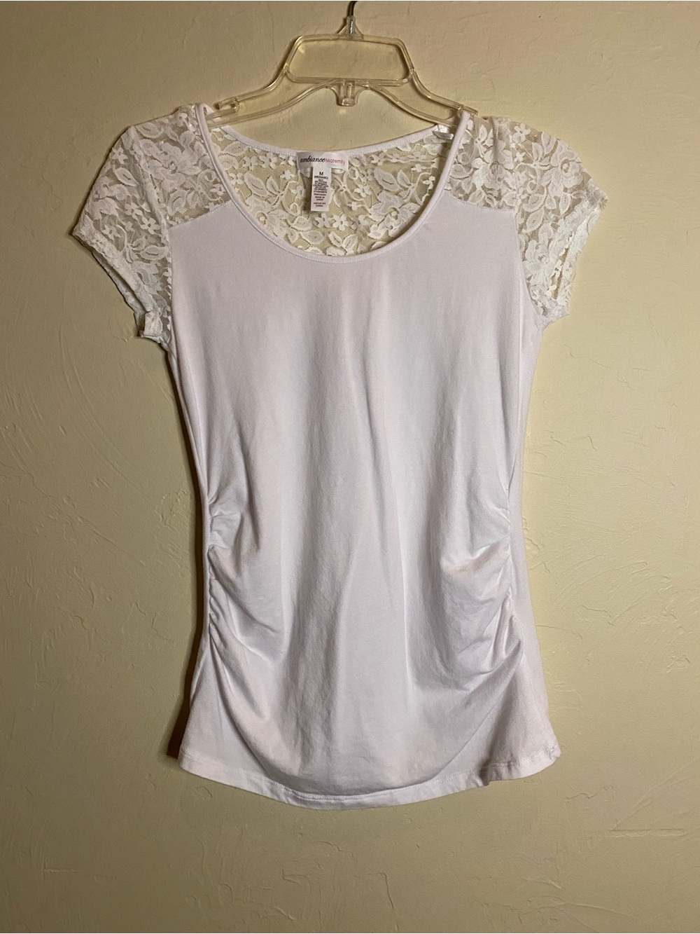 Ambiance Maternity White Lace Yoke Top Women's M Short Sleeves Ruched Sides NWOT
